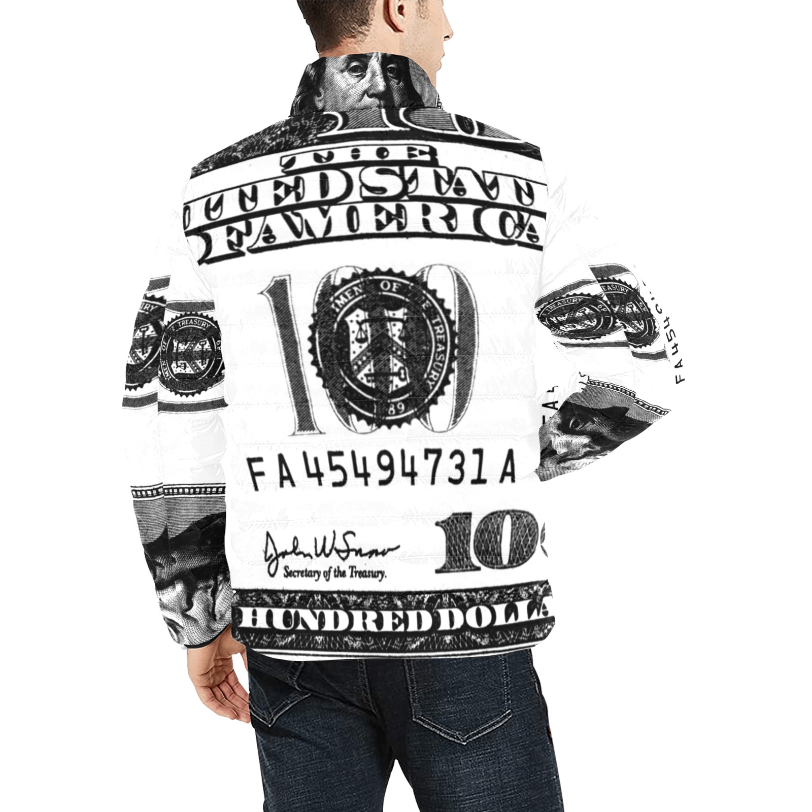 Bubble Jacket - Bubble Coat - Ben Franklin 100 bill money print | BJORLIE FIAT collection