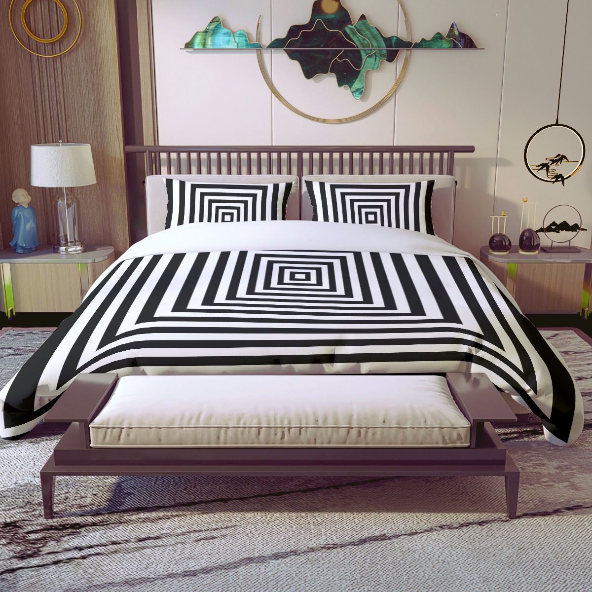 op art black and white striped bedding