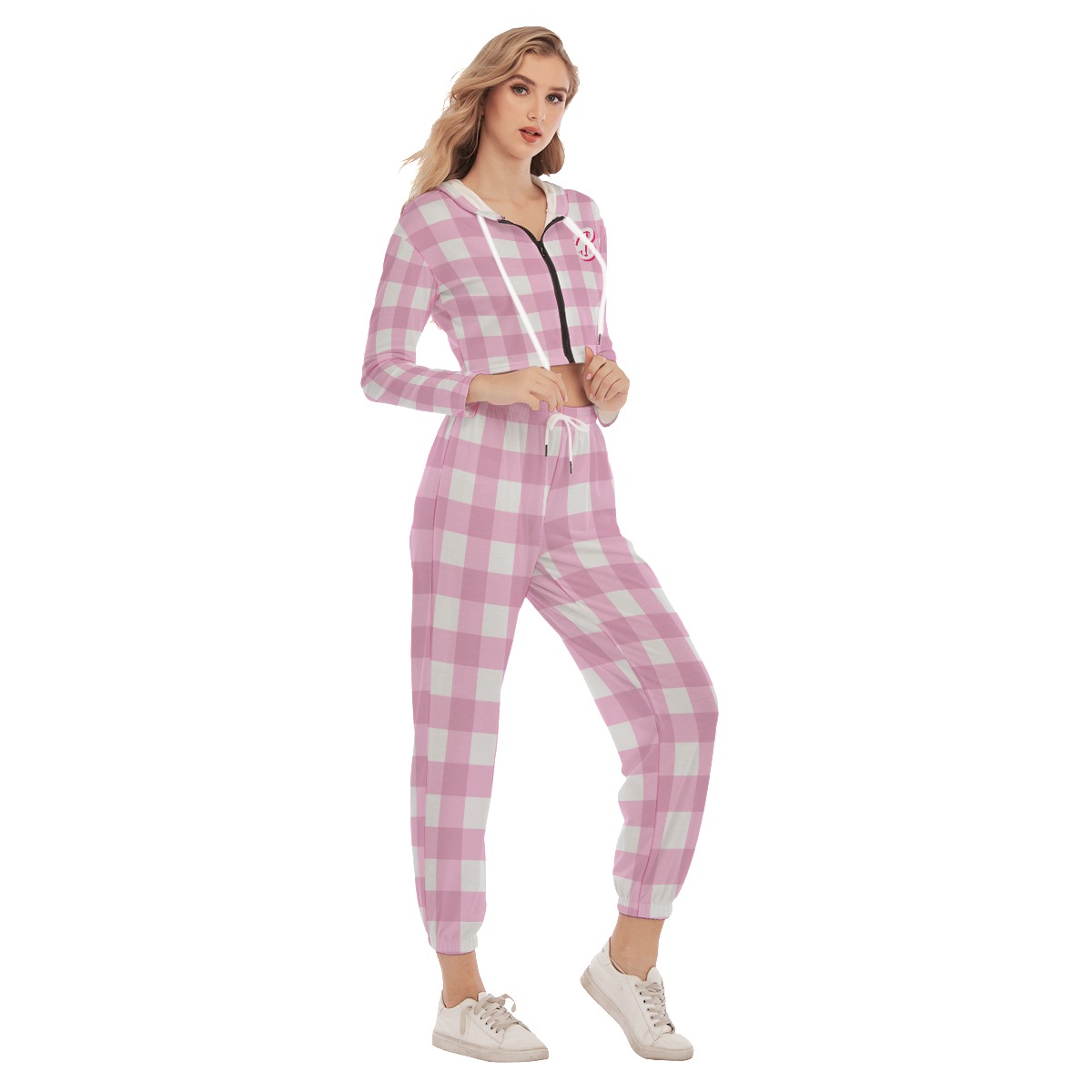 pink gingham crop hoodie and pants set