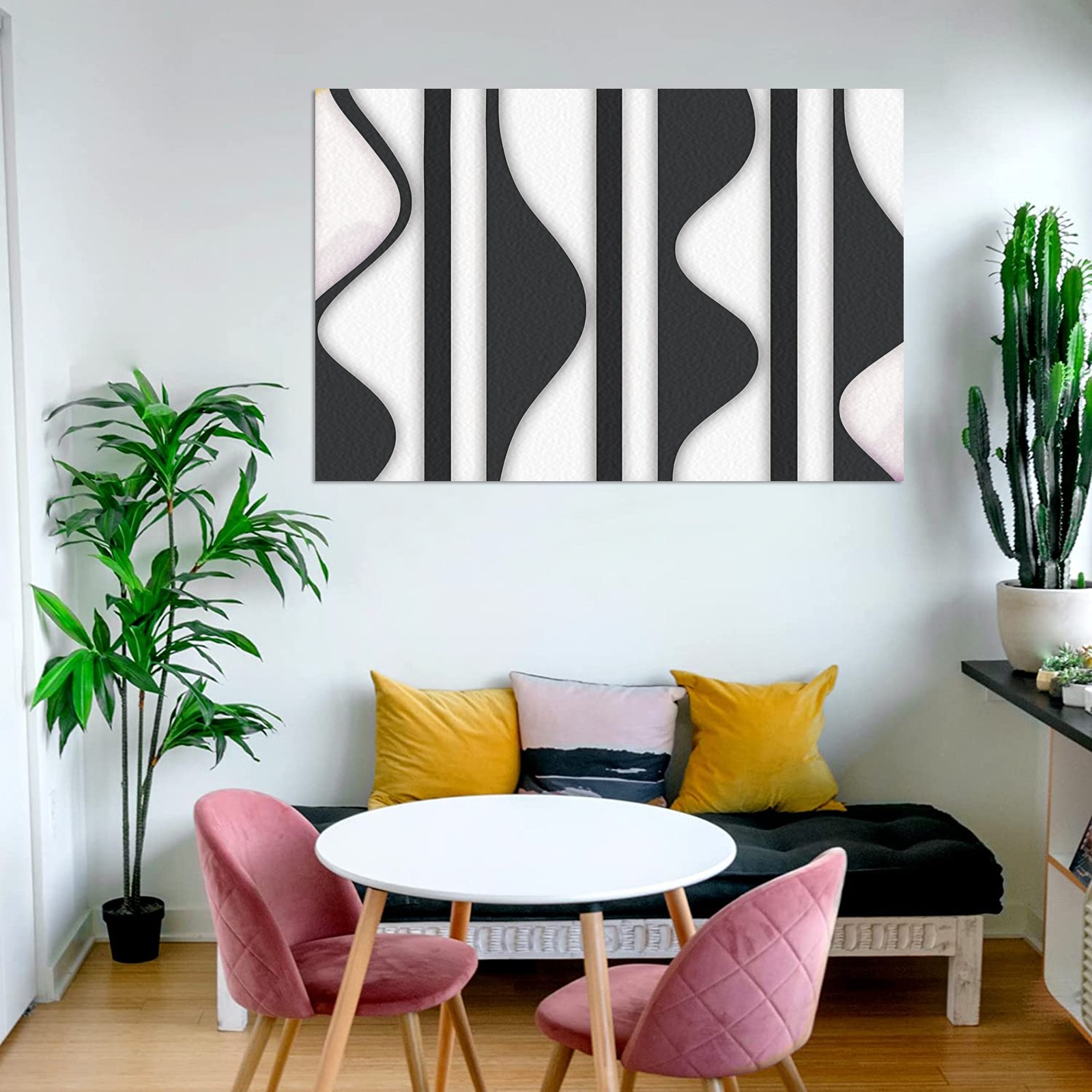 Abstract Wall Art Canvas Print on Wood Frame 48"x32" | Wavy Colorblock Black and White