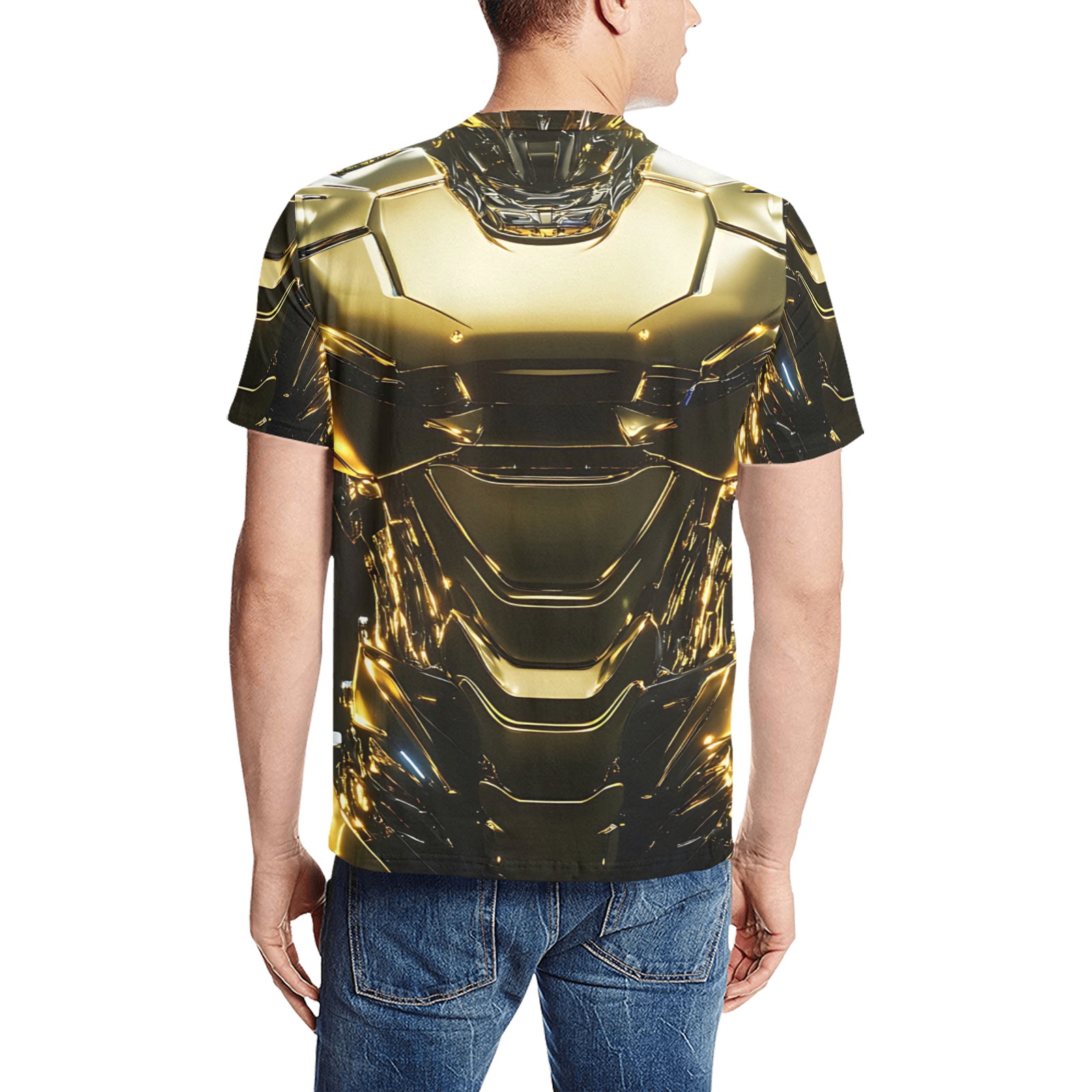 Discover our Cyberpunk T-Shirt with 24K Gold Optical Illusion Print. Perfect for cyborg robot cosplay. Unisex. Elevate your style.