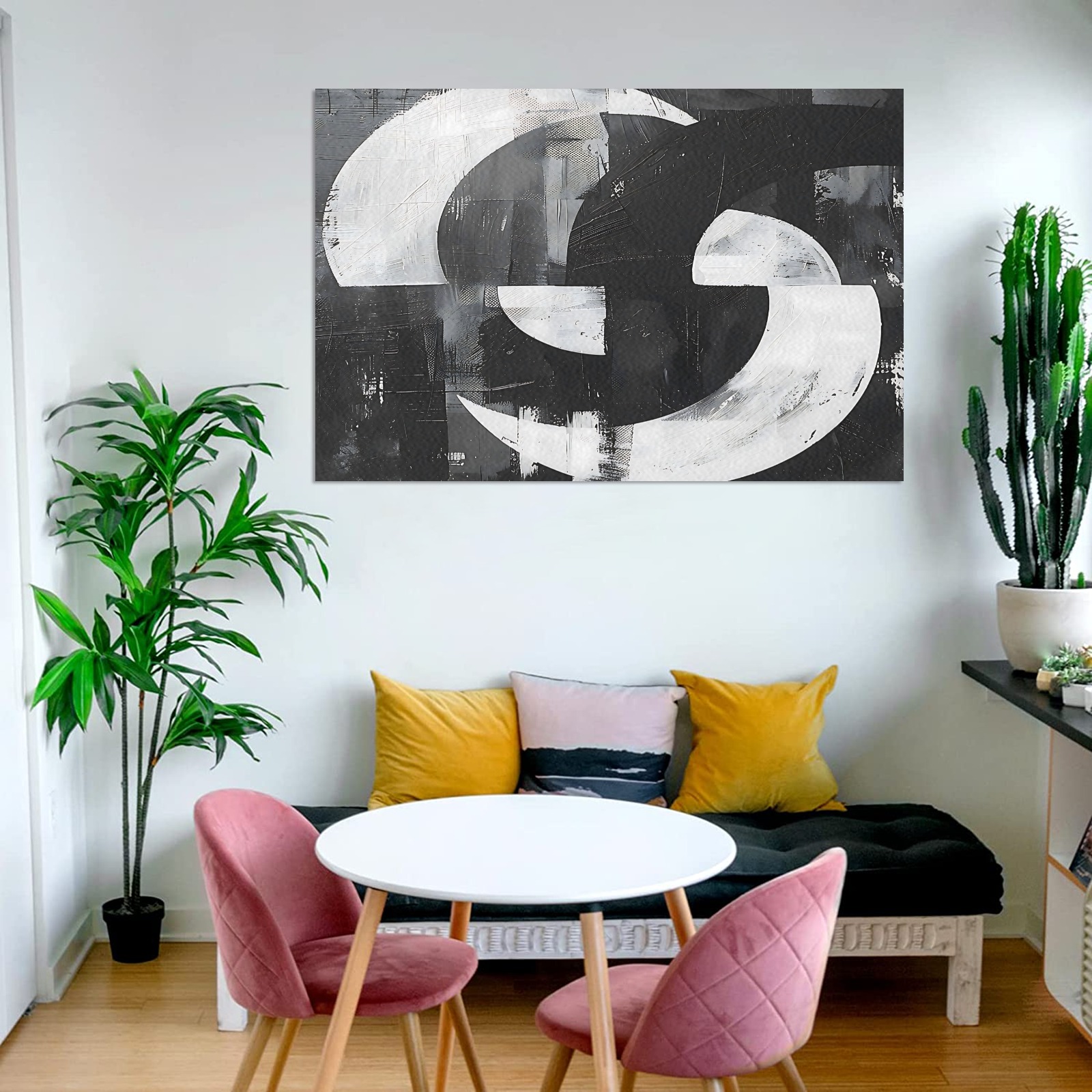 Abstract Wall Art Canvas Print on Wood Frame 48"x32" | Grunge Abstract Paint Strokes Curved Grayscale Geometry