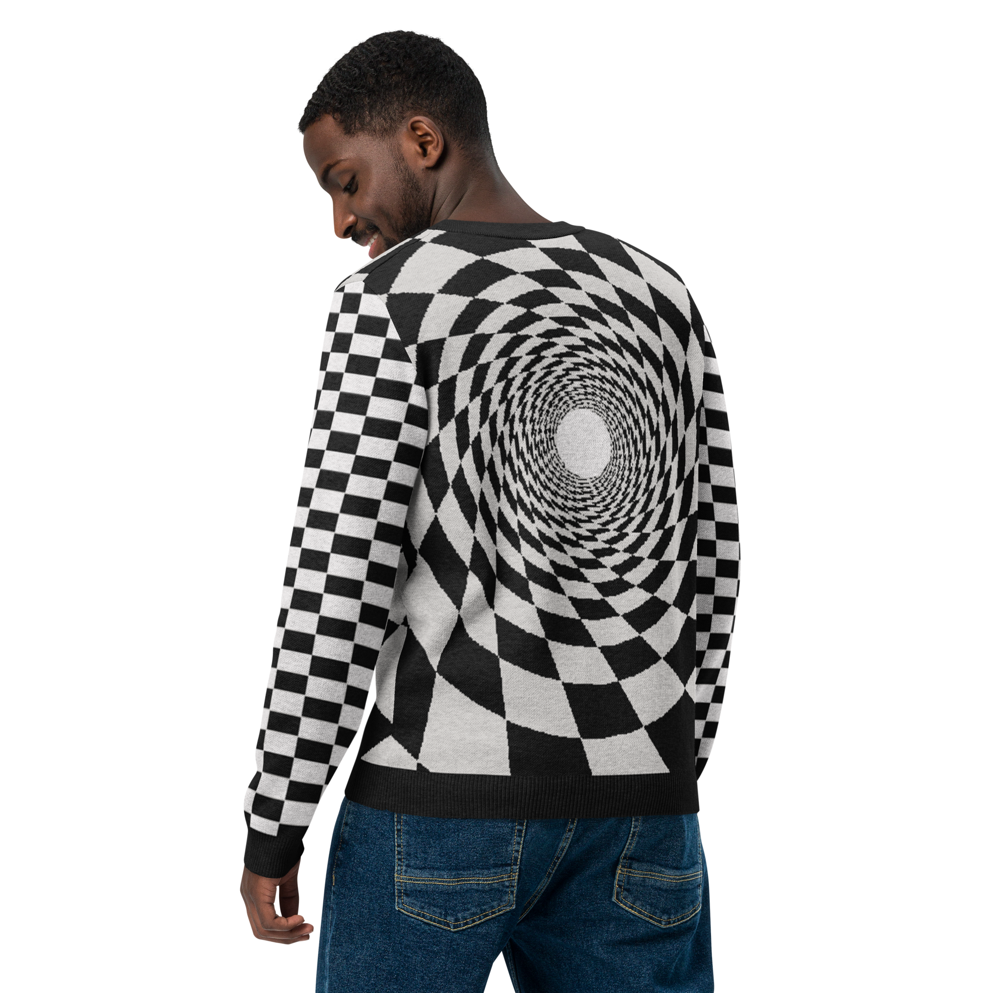 Knitted Crew Neck Sweater, Optical Illusion Spiral, Checkered Black Hole Vortex, Op Art Unisex Shirt