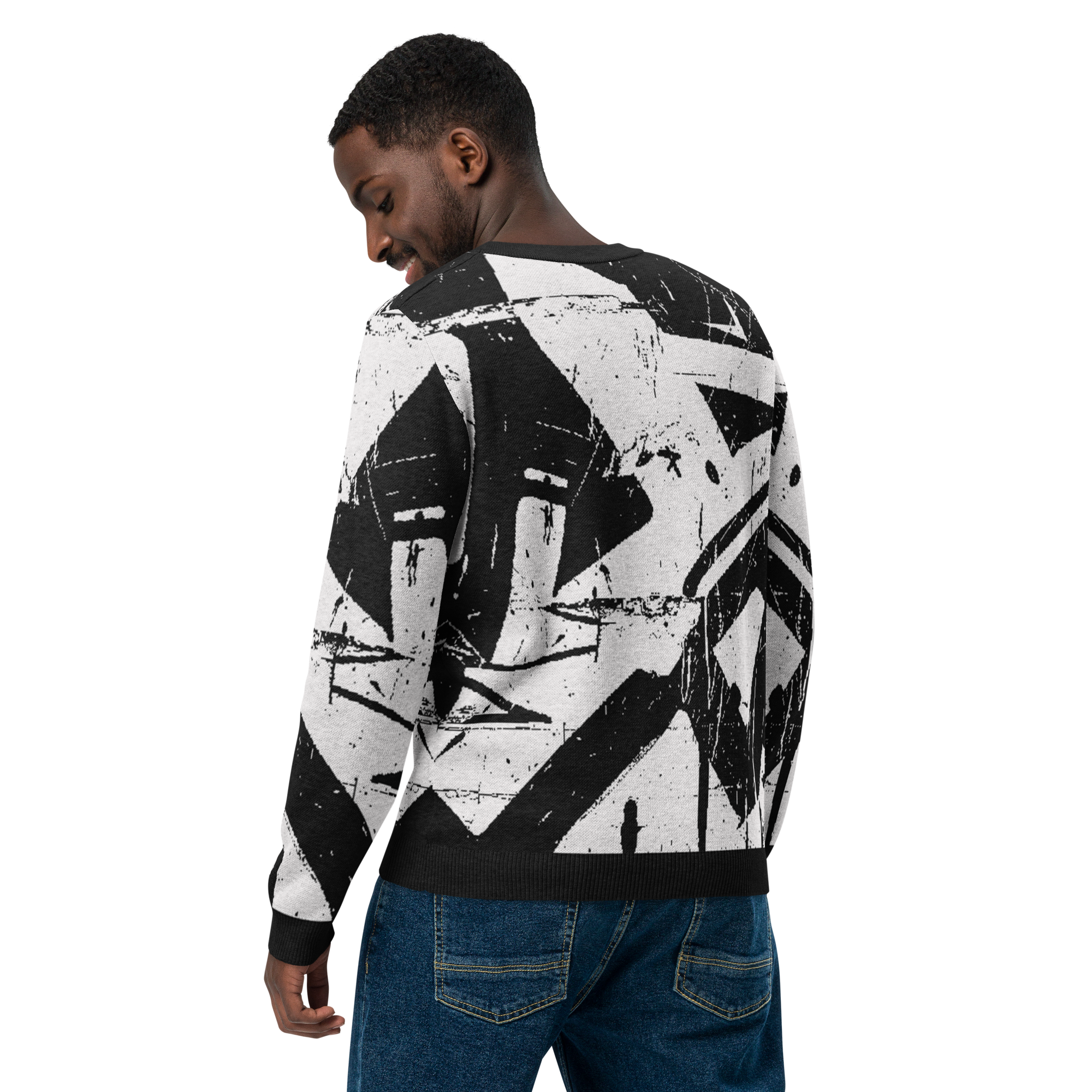 Knitted crew neck sweater, Graphic Graffiti Black and White, Op Art Style,