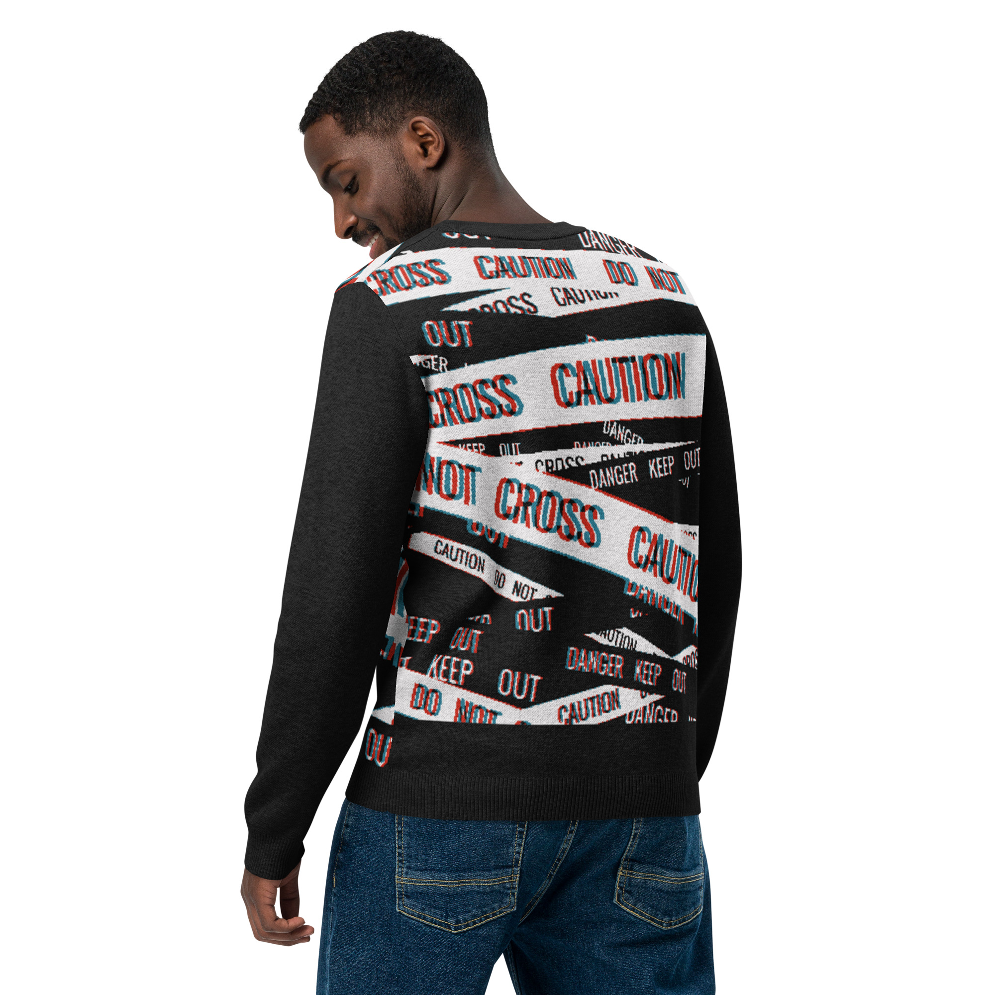 Knitted Crew Neck Sweater, 3D Stereocopic Caution Tape, Black White Red Cyan, Unisex Gift