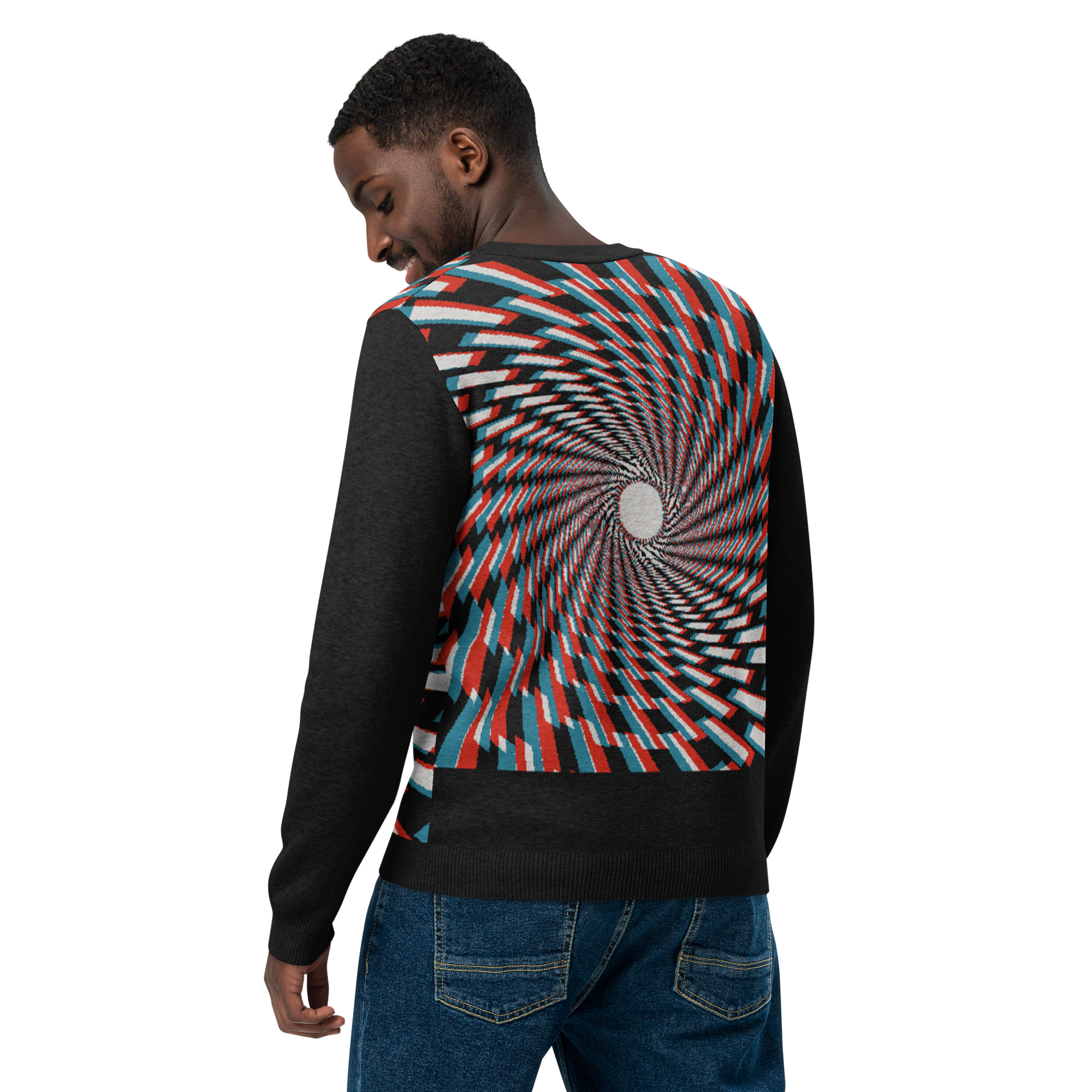 Knitted Crew Neck Sweater, 3D Stereoscopic Brick Spiral Light Tunnel Hole, Black White Red Cyan, Unisex Fit