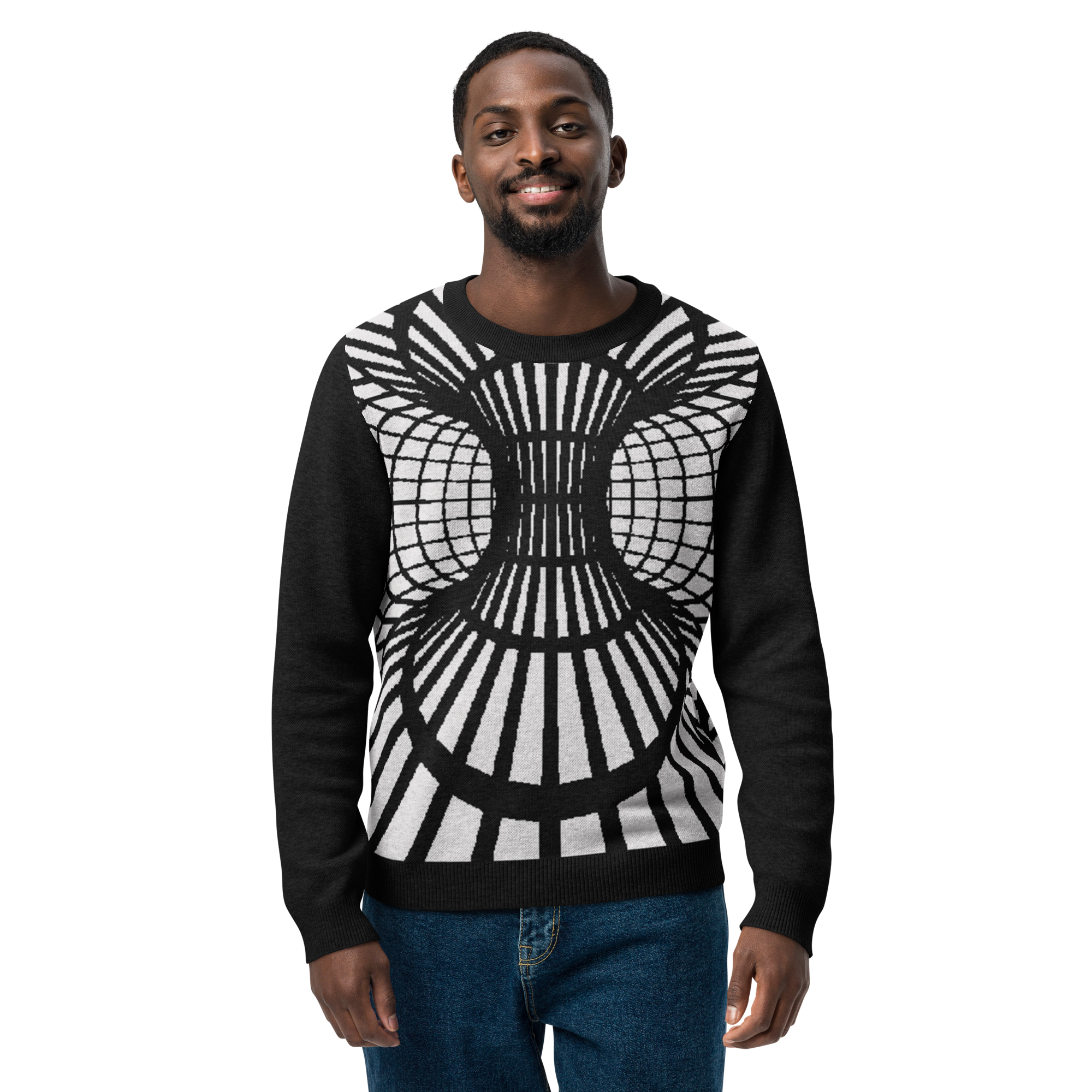 Knitted Crew Neck Sweater, Optical Illusion 3D Cage Wormhole, OP Art Black and White, Classic Fit Sweatshirt