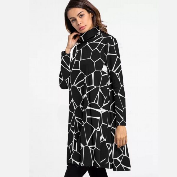 Black and White A-Line Turtleneck Dress – Modern Geometric Elegance - Women's High Neck Dress With Long Sleeve - Image 3
