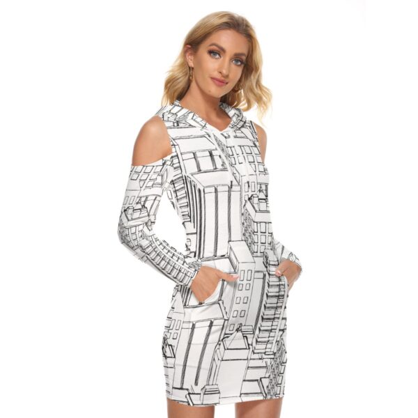 Hoodie Dress with Peek-A-Boo Shoulders l Kangaroo Pocket Skirt | Black and White Graphic | Urban City - Image 3