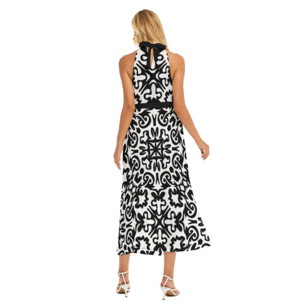 Black and White Abstract Maxi Dress – Bold Geometric Elegance - Women's Wrap Hem Belted Halter Dress - Image 4