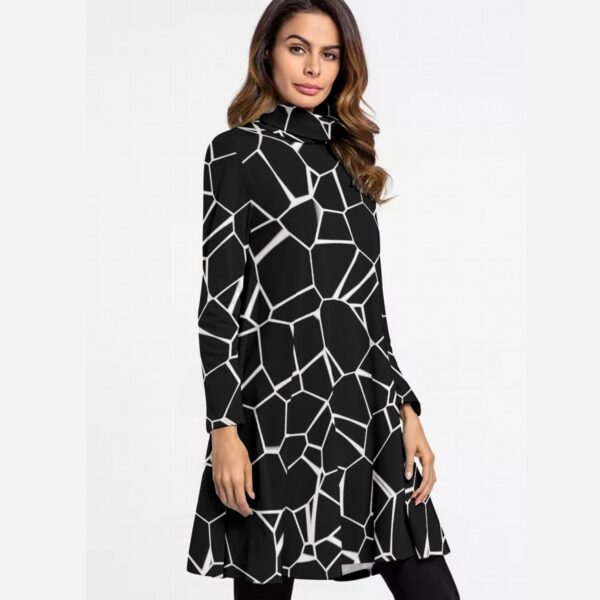 Black and White A-Line Turtleneck Dress – Modern Geometric Elegance - Women's High Neck Dress With Long Sleeve - Image 2