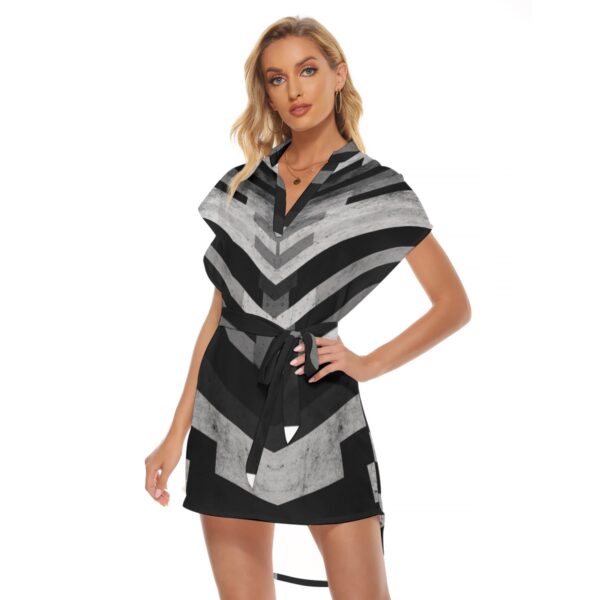 Black and White Chevron Wrap Dress - All-Over Print Women's Stand-up Collar Casual Dress With Belt - Image 3