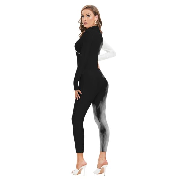 Black and White Smoke Print Jumpsuit – Edgy Monochrome Statement - Women's Long-sleeved High-neck Jumpsuit With Zipper - Image 4
