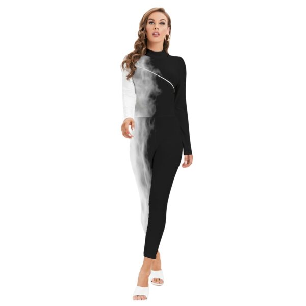 Black and White Smoke Print Jumpsuit – Edgy Monochrome Statement - Women's Long-sleeved High-neck Jumpsuit With Zipper