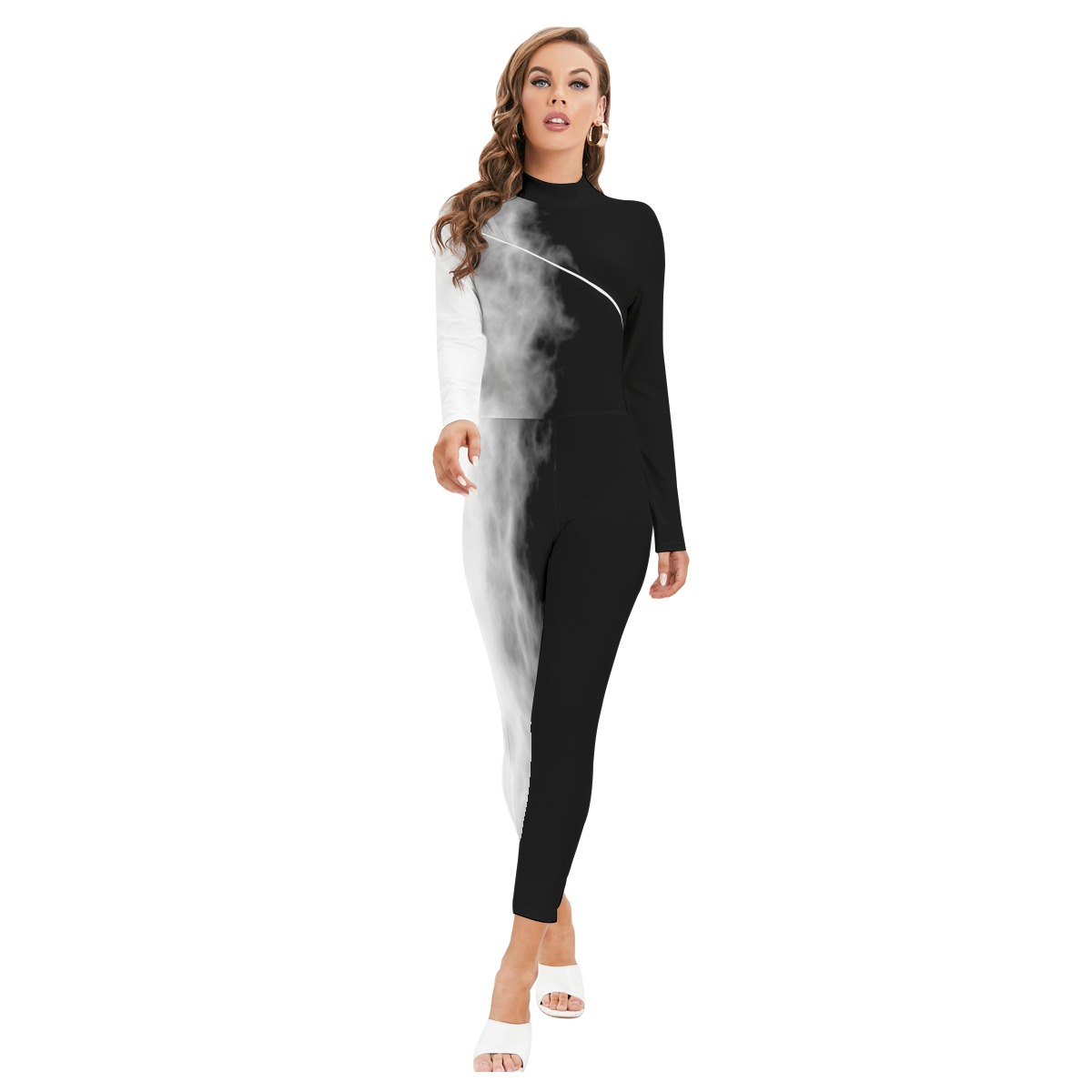 Black and White Smoke Print Jumpsuit – Edgy Monochrome Statement – Women’s Long-sleeved High-neck Jumpsuit With Zipper