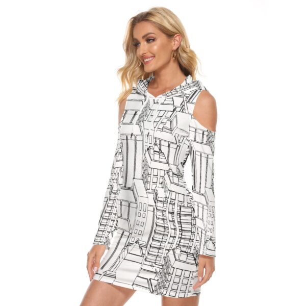 Hoodie Dress with Peek-A-Boo Shoulders l Kangaroo Pocket Skirt | Black and White Graphic | Urban City - Image 2