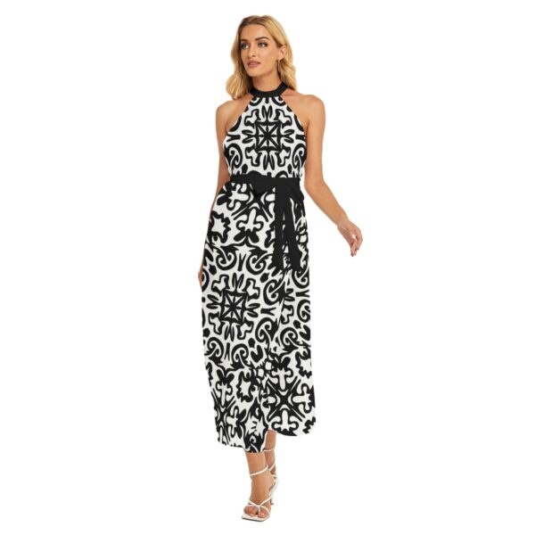 Black and White Abstract Maxi Dress – Bold Geometric Elegance - Women's Wrap Hem Belted Halter Dress