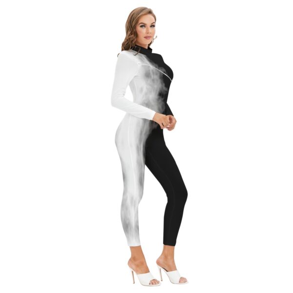Black and White Smoke Print Jumpsuit – Edgy Monochrome Statement - Women's Long-sleeved High-neck Jumpsuit With Zipper - Image 3