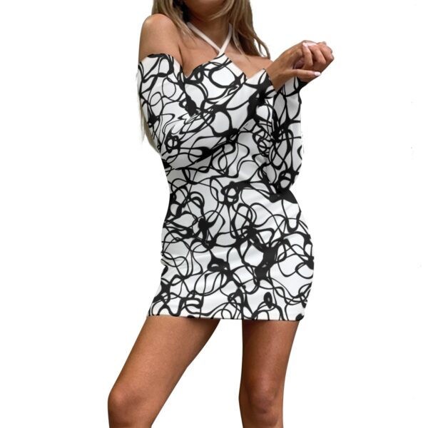 Women's Halter Lace-up Dress - Abstract Monochrome Halter Neck Off-Shoulder Mini Dress – Black and White Statement Dress - Image 2