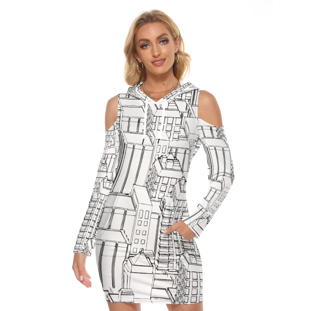 Hoodie Dress with Peek-A-Boo Shoulders l Kangaroo Pocket Skirt | Black and White Graphic | Urban City