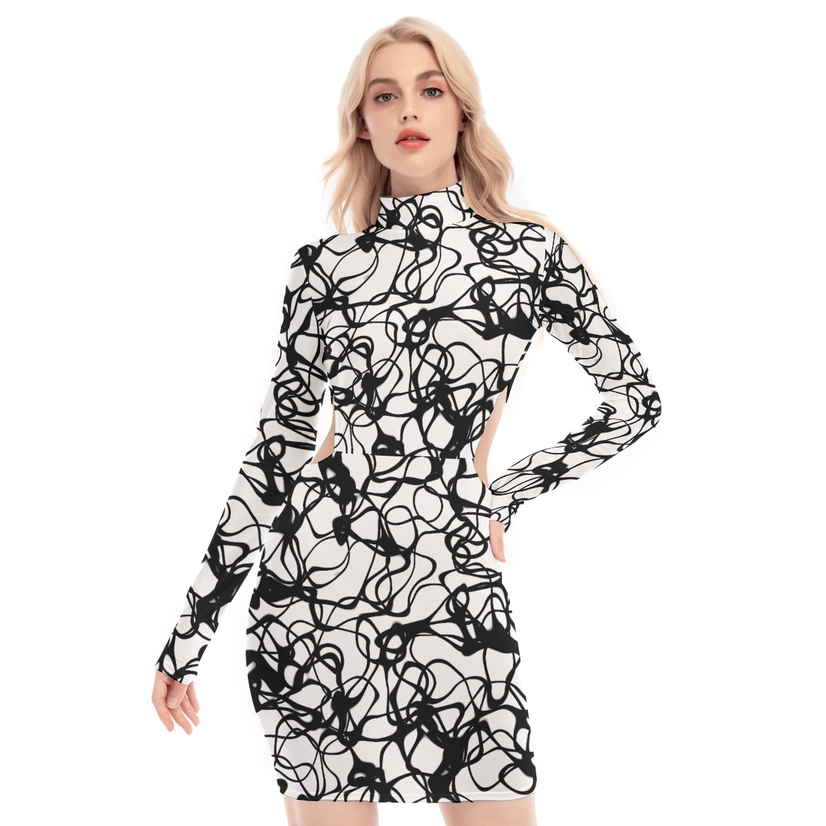 Abstract Scribble Mock-Neck  Women’s Waist Hollow Hip Dress