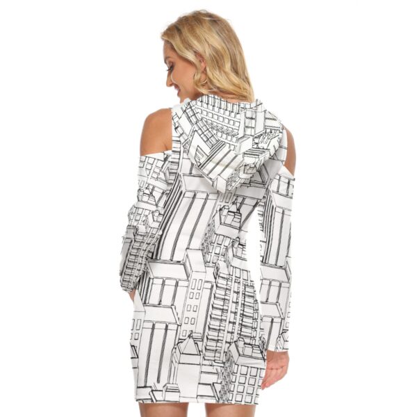 Hoodie Dress with Peek-A-Boo Shoulders l Kangaroo Pocket Skirt | Black and White Graphic | Urban City - Image 4