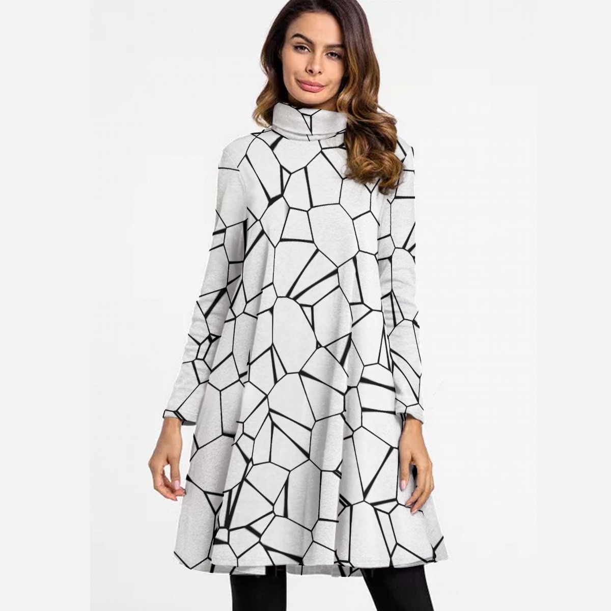 Geometric Turtleneck Swing Dress – Black and White A-Line Dress – Women’s High Neck Dress With Long Sleeve