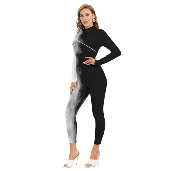 Black and White Smoke Print Jumpsuit – Edgy Monochrome Statement - Women's Long-sleeved High-neck Jumpsuit With Zipper - Image 2