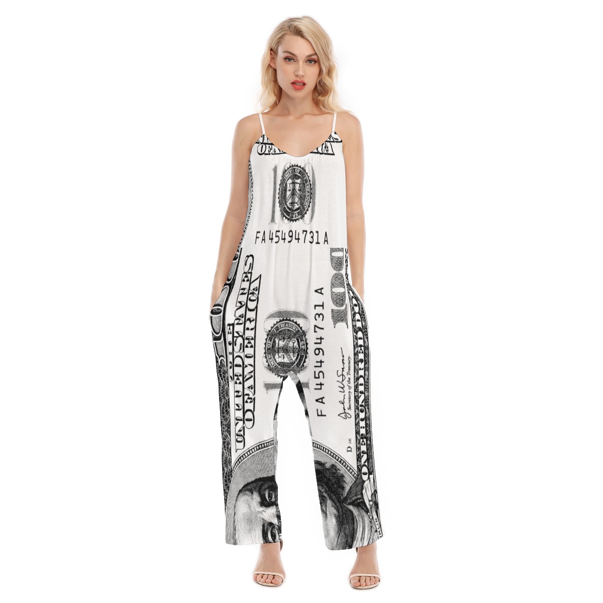 Money Print Jumpsuit – Statement Dollar Bill Fashion – Women’s Loose Cami Jumpsuit – Black and White