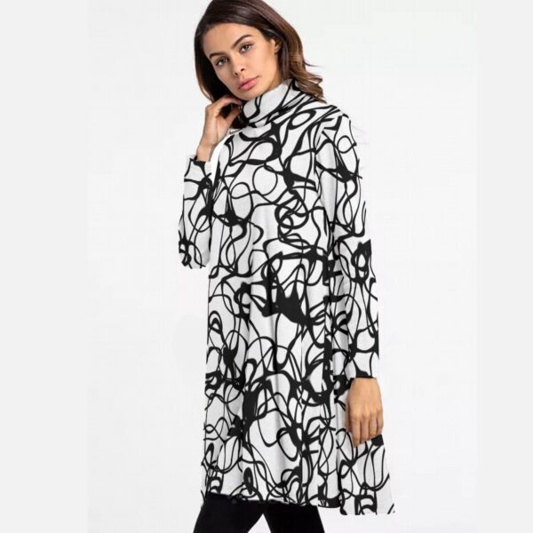 Abstract Scribble Turtleneck Dress – Black and White A-Line Swing Dress - Women's High Neck Dress With Long Sleeve - Image 3