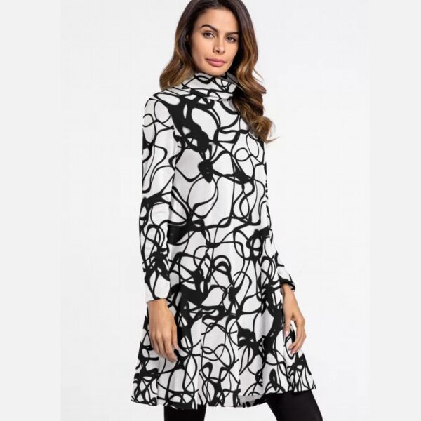 Abstract Scribble Turtleneck Dress – Black and White A-Line Swing Dress - Women's High Neck Dress With Long Sleeve - Image 2