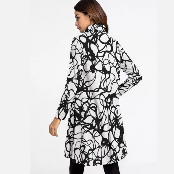 Abstract Scribble Turtleneck Dress – Black and White A-Line Swing Dress - Women's High Neck Dress With Long Sleeve - Image 4