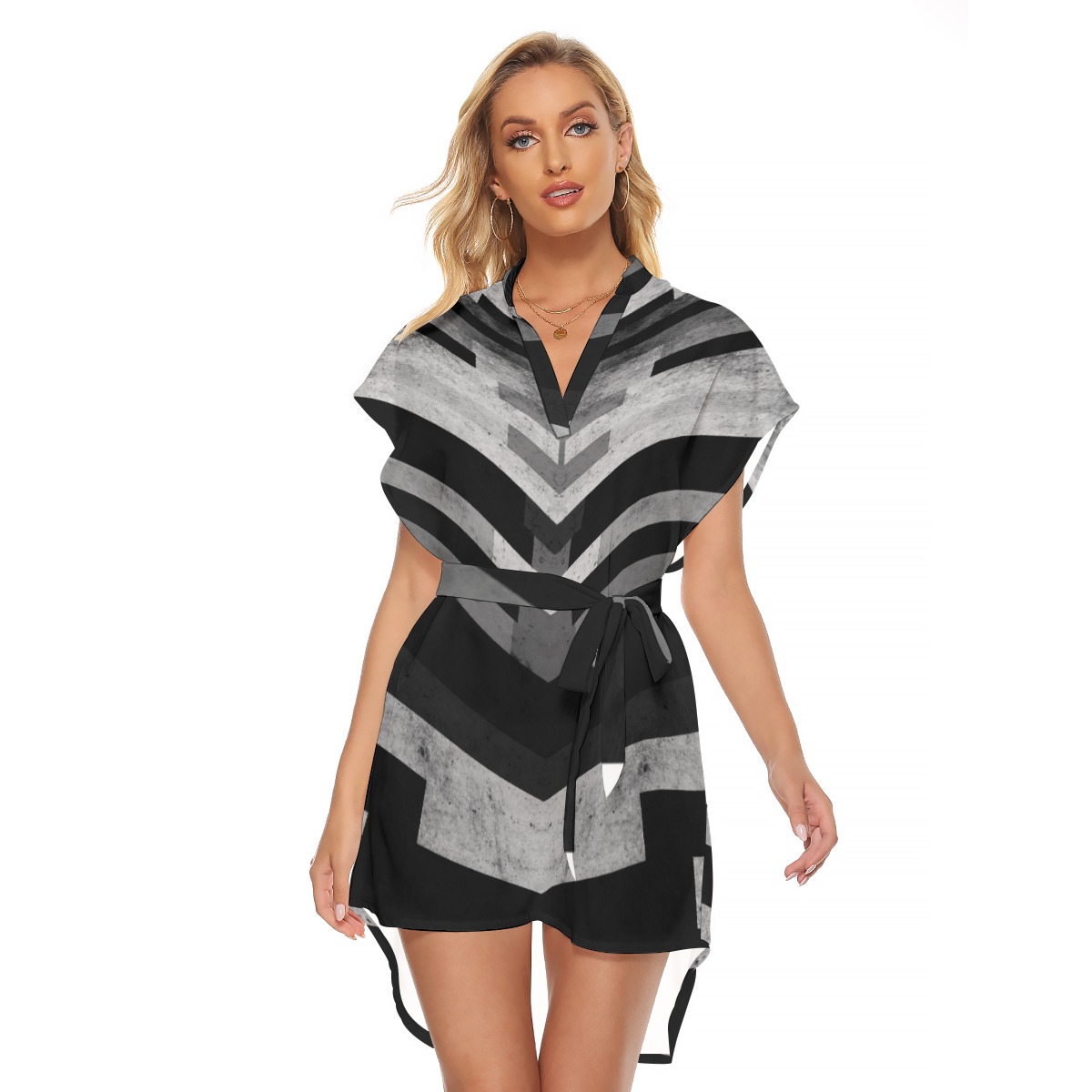 Black and White Chevron Wrap Dress – All-Over Print Women’s Stand-up Collar Casual Dress With Belt