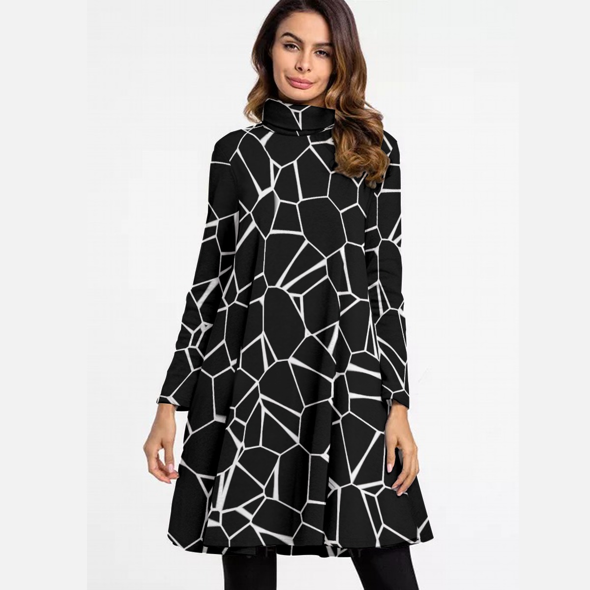 Black and White A-Line Turtleneck Dress – Modern Geometric Elegance – Women’s High Neck Dress With Long Sleeve