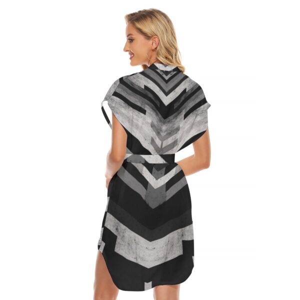 Black and White Chevron Wrap Dress - All-Over Print Women's Stand-up Collar Casual Dress With Belt - Image 4