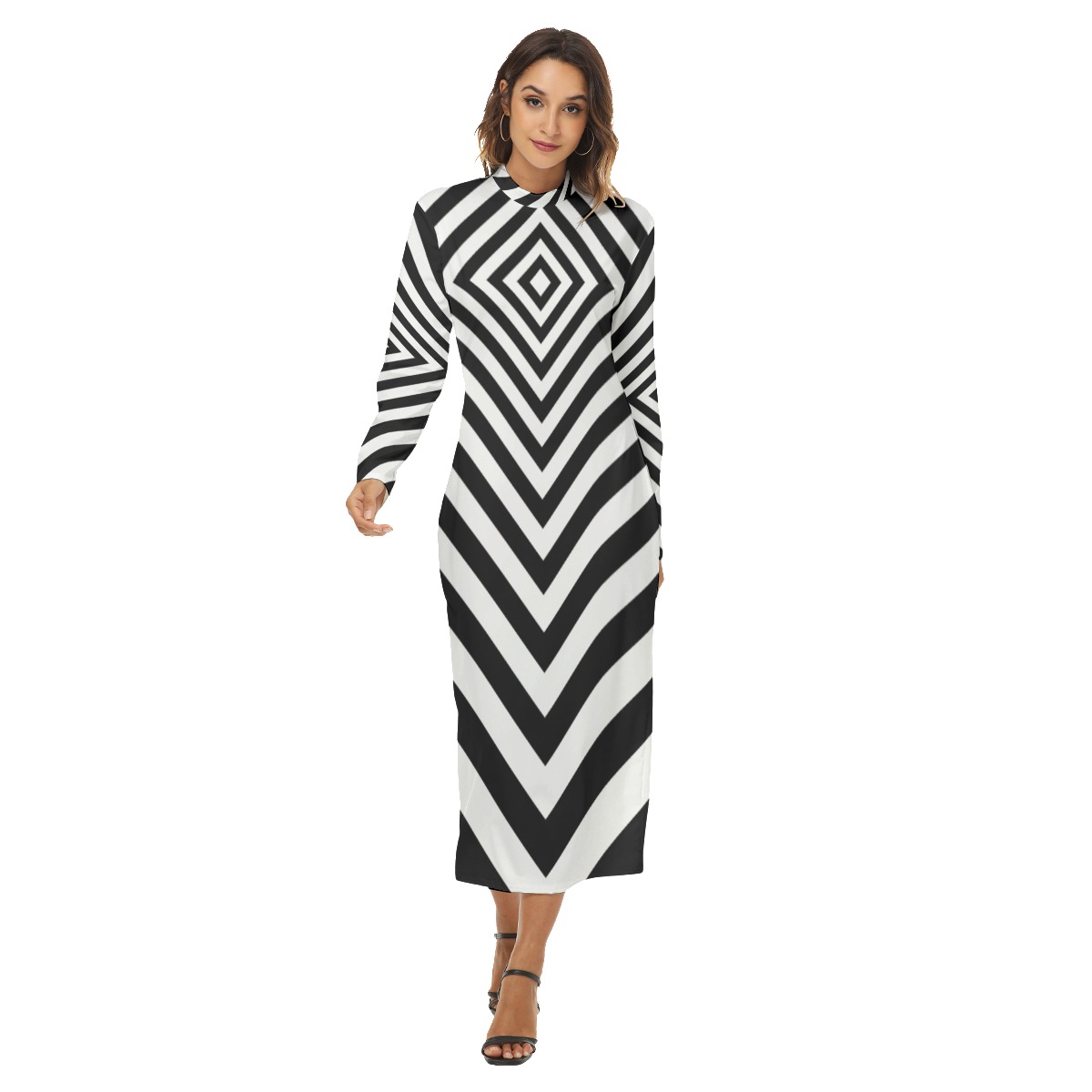 Geometric Illusion Maxi Dress – Black and White Optical Illusion Women’s Hip Dress