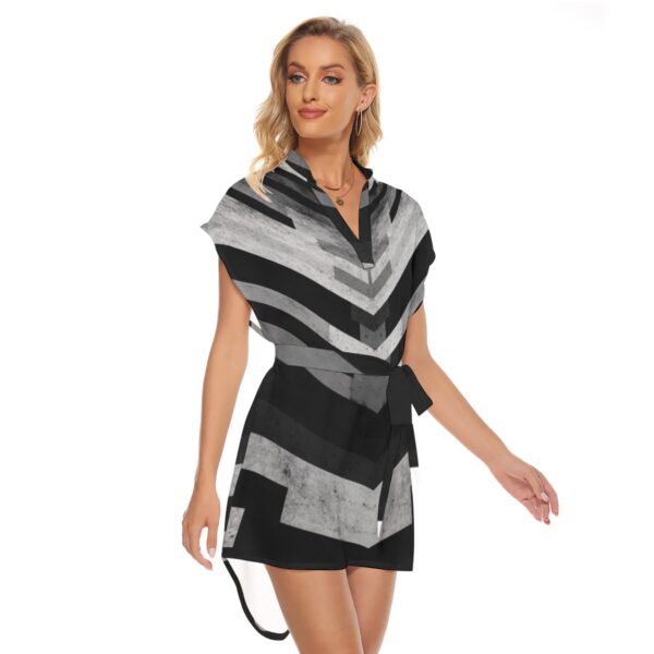 Black and White Chevron Wrap Dress - All-Over Print Women's Stand-up Collar Casual Dress With Belt - Image 2