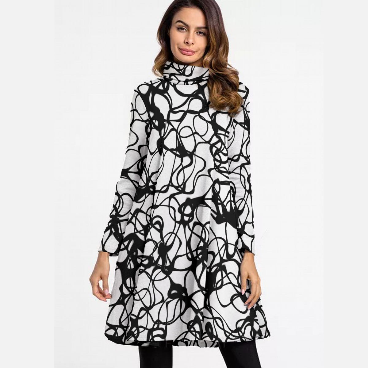 Abstract Scribble Turtleneck Dress – Black and White A-Line Swing Dress – Women’s High Neck Dress With Long Sleeve