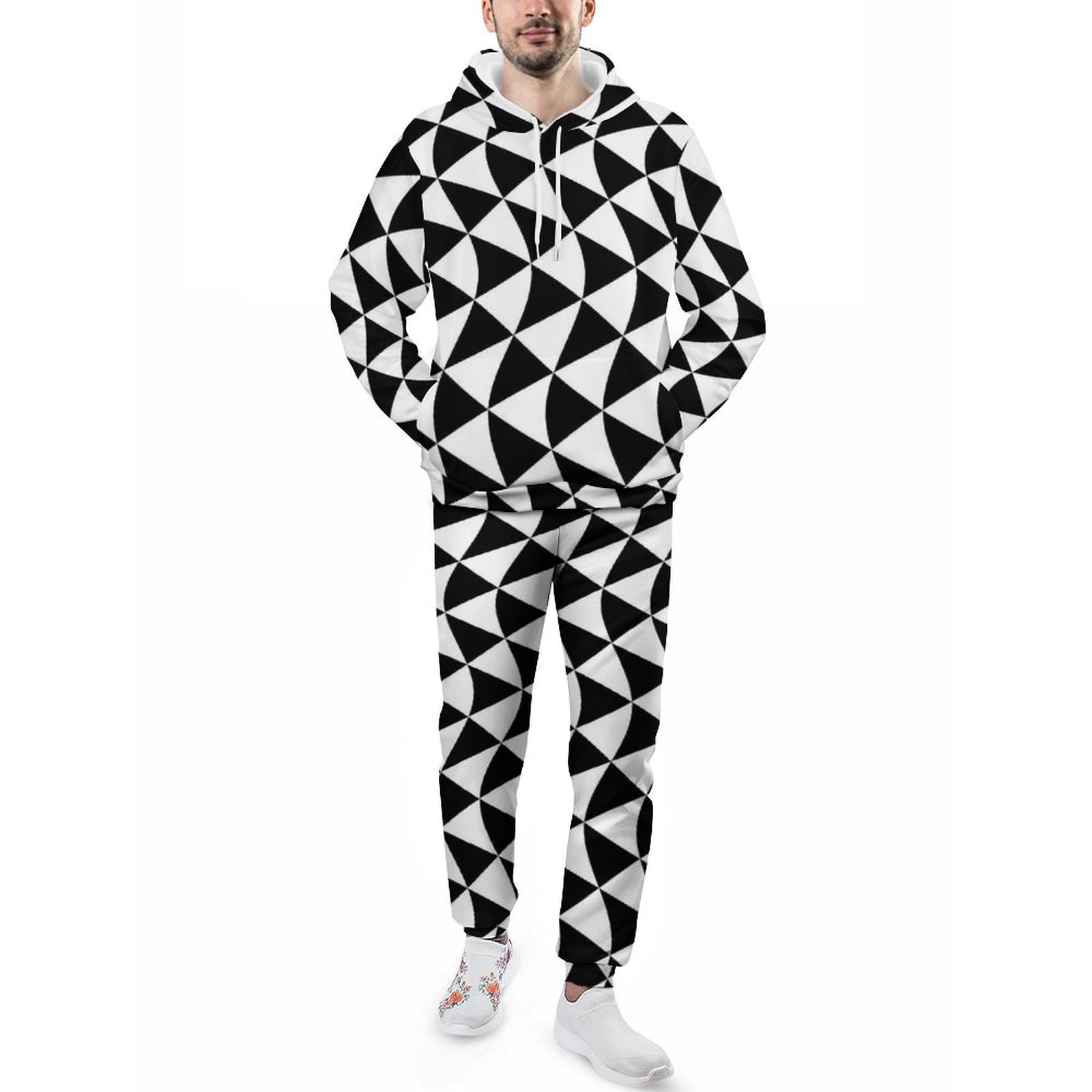 Black and White Geometric Hoodie Set – Wavy Triangle Print Two-Piece Tracksuit – Sweater suit Men’s All-Over Print Tracksuit (4T03)