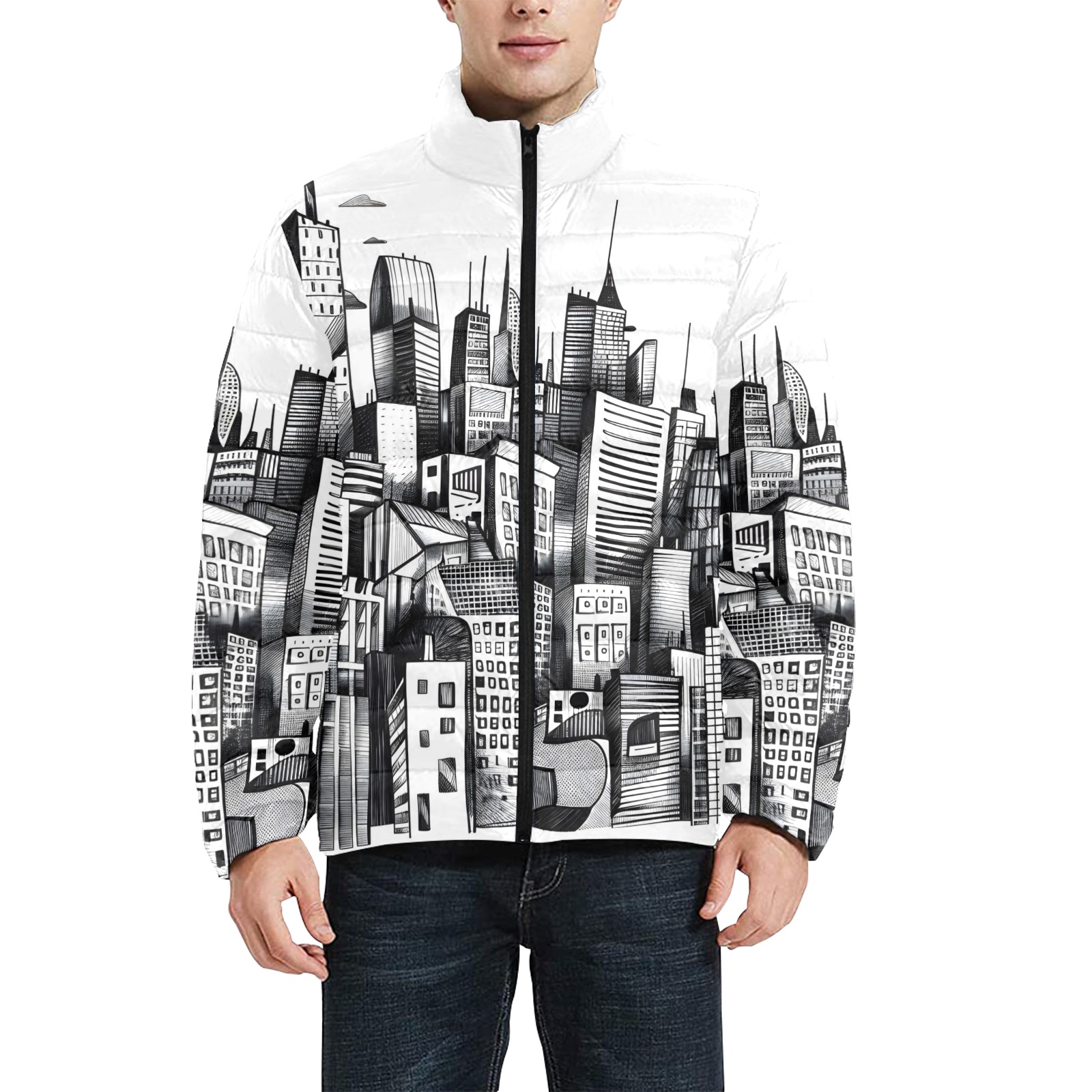 Urban City Sketch Puffer Jacket – Black and White Architectural Print Coat – Men’s Stand Collar Padded Jacket (Model H41)