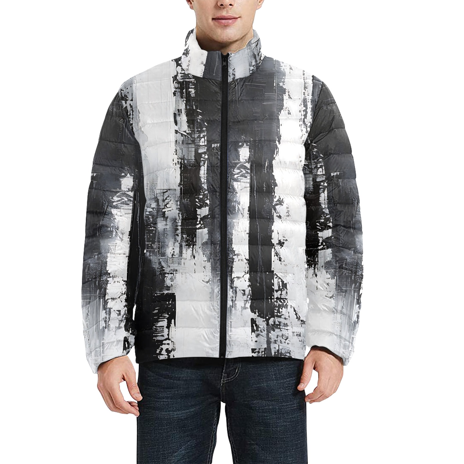 Grayscale Grunge Watercolor Puffer Jacket – Modern Abstract Winter Coat Padded Bubble Jacket (Model H41)
