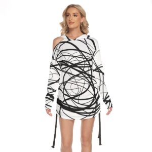 Women's One-shoulder Dress With Ruche Side Shirring, Abstract Black and White Scribble Print Spring