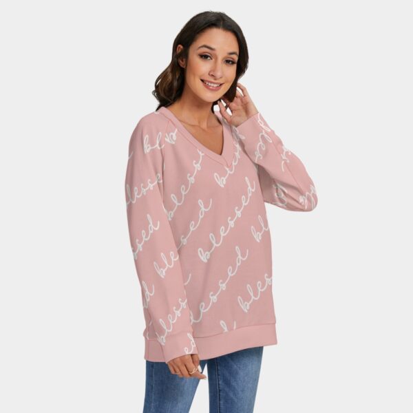Waffle Top, Women's V-neck Rib-Knit Sweater With Long Sleeve - Blessed Shirt - Easter Powder Pink - Image 2