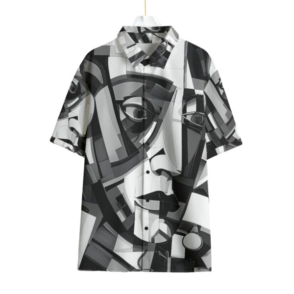 BJORLIE Unisex Black and White Abstract Cubism Face Print Shirt with Folding Sleeve