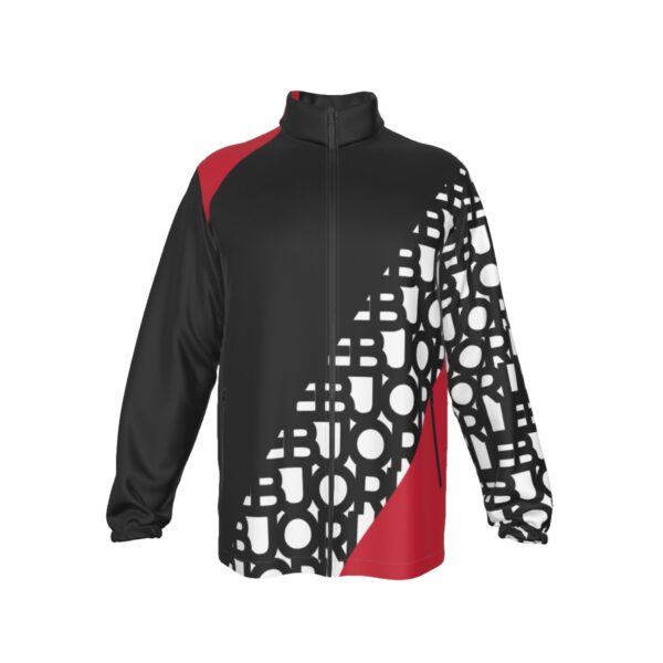 BJORLIE Men's Windproof Zip-Up Jacket with Stand-Up Collar - Black White Red Diagonal Design