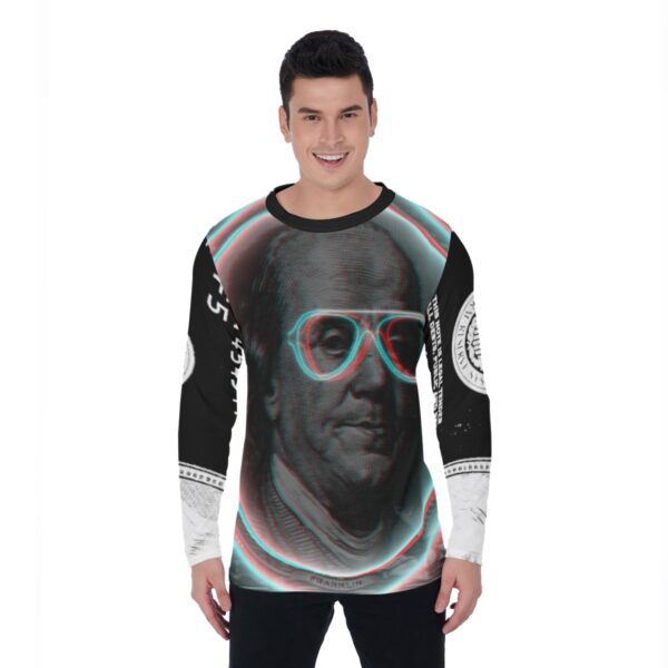 BJORLIE Long Sleeve T-Shirt with Ben Franklin 3D Print Design, Breathable Stretch Fabric