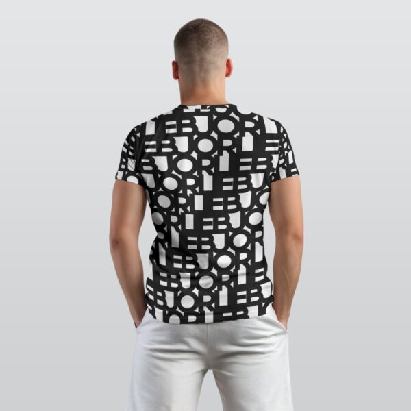 BJORLIE Men's O-Neck T-Shirt with Black and White Repeated Text Pattern, Loose Fit Comfortable Daily Wear - Image 2