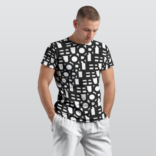 BJORLIE Men's O-Neck T-Shirt with Black and White Repeated Text Pattern, Loose Fit Comfortable Daily Wear