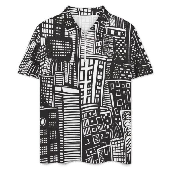 BJORLIE Men's Zip-Up Polo Shirt and Shorts Set with Pockets 2 Piece Outfit - S-5X - Black and White Abstract Graffiti City - Image 2