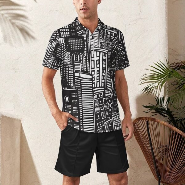 BJORLIE Men's Zip-Up Polo Shirt and Shorts Set with Pockets 2 Piece Outfit - S-5X - Black and White Abstract Graffiti City - Image 6